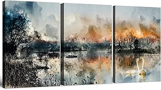Mural art on canvas with lake landscape, swan forest, watercolor, wall painting for bedroom, living room, natural tree, river, sunset, interior decoration images with 30.5 x 40.6 cm frame.. Discover the convenience of DIAYTAR NIGERIA's vast e-commerce platform with delivery in just 5-8 days.