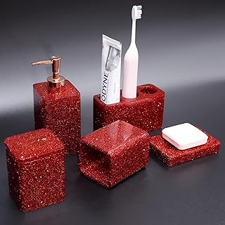 Set of brilliant Ruby red bathroom accessories, 5 rooms, decorative resin bathroom sink with lotion dispenser, win-tooth holder, toothbar, cotton pot and cup for apartment and house decoration.. DIAYTAR NIGERIA delivers happiness in 5-8 days with our affordable and diverse product range.