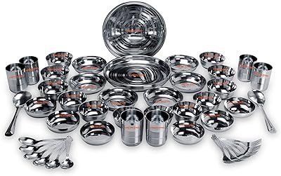 Table service Lemetro Steel 50 Pieces in stainless steel (6 flat plates, 6 large havla plates, 6 small halva plates, 6 small bowls/wati, 6 grams, 6 spoons, 6 forks, 2 spoons) submission).. DIAYTAR NIGERIA: Where shopping is easy, prices are low, and delivery is just days away.