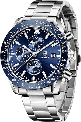 Benyar analog quartz watch for men, waterproof to 30 m, for business, sport, relaxed, stainless steel bracelet, gifts for father, son, boyfriend.. DIAYTAR NIGERIA: Where shopping is easy, prices are low, and delivery is just days away.