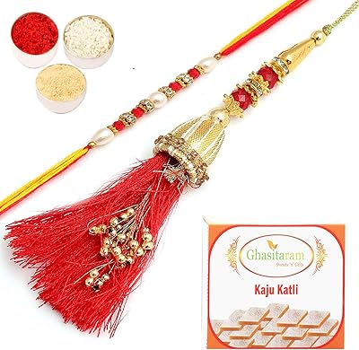 Ghasitaram Gifts Rakhis Online Golden Ibiza Bhaiya Bhabhi Rakhi Avec 200 Gms De Kaju.. You shop, we deliver — quick and easy with DIAYTAR Nigeria.