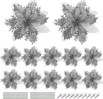 Artificial poinsettia flowers in silver, 12 pieces, shiny poinsettia flowers with stems and clips for decoration of households, wedding crown decor.. DIAYTAR NIGERIA connects you with thousands of products at competitive prices, delivered within a week.