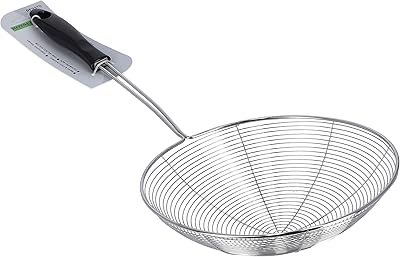 Stainless steel colander with handle, to fry food and prepare pasta, spaghetti and potatoes, 11 cm long from Royal Ford.. DIAYTAR NIGERIA connects you with what you need at prices you'll love, delivered within 8 days.