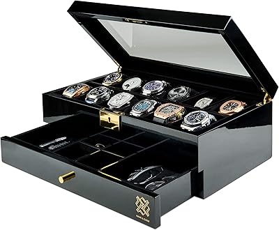 Luxury hook and gable storage box with 12 locations, glass and metal lock display, spacious compartments for large watches, velvet lining, men's jewelry case, black piano finish (Valet Pearson).. Shop with intention at DIAYTAR NIGERIA, offering thousands of products delivered nationwide in days.