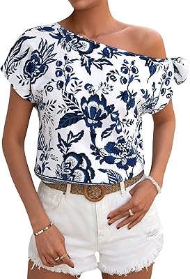 Striped shoulder blouse for women, asymmetrical collar, short sleeves and floral print.. DIAYTAR NIGERIA transforms dreams into deliveries with our affordable prices and 5-8 day shipping.