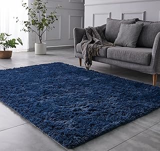 Long hair carpets contrasting Aria 5 x 7 feet, navy blue color, non -slip, durable, rectangular, comfortable, with soft hair, for children's bedrooms and living rooms.. DIAYTAR NIGERIA: Bringing quality products to your doorstep at prices that won't break the bank.