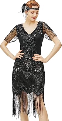 Sequined dress beyond the 1920s, 1920s disguise, Gatsby Vintage Costume dress in V-collar and pearls.. DIAYTAR NIGERIA: Your affordable gateway to thousands of products shipped nationwide within the week.