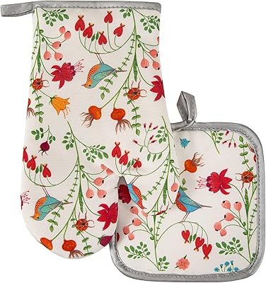 Set of kitchen gloves and manea manes printed with flowers birds.. Experience retail therapy without the financial stress at DIAYTAR NIGERIA's affordable e-commerce platform.