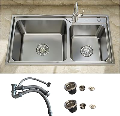 Meg kitchen sink 780 x 430 mm in stainless steel - Double tank with basket drainer.. DIAYTAR Nigeria delivers happiness in 5–8 days, no matter what you buy.