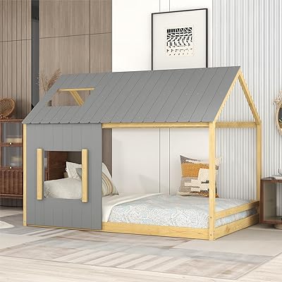 Montessori full -size bed with rails, roof and window, solid wood bed frame with slats, house -shaped ball bed, game bed for girls and boys.. DIAYTAR NIGERIA transforms online shopping with competitive prices and dependable nationwide delivery.