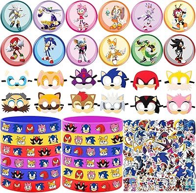 91 Pieces of Sonic birthday party supplies comprising 12 bracelets, 12 button pins, 12 felt masks, 55 stickers and a bag of Sonic the Hedgehog birthday party gifts.. Shop for less and receive more with DIAYTAR NIGERIA's expansive e-commerce platform and nationwide delivery.