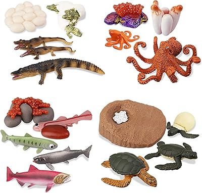 4 sets of figurines in the life cycle of marine animals: green sea turtle, crocodile, octopus, salmon, set of plastic marine models for school project, children's party items.. DIAYTAR NIGERIA: Where affordability meets variety, with thousands of products delivered in less than 8 days.