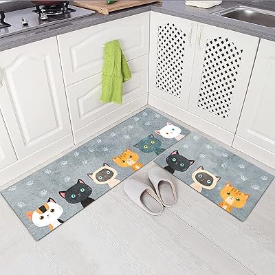 Sabo kitchen rugs, set of 2, comfortable non-slip carpets, kitchen floor mats, anti-fatigue, waterproof kitchen carpets and carpet, suitable for the bathroom | Washable 120/40+60/40 cm (cat).. DIAYTAR NIGERIA brings the market to your fingertips with affordable prices and swift delivery services.