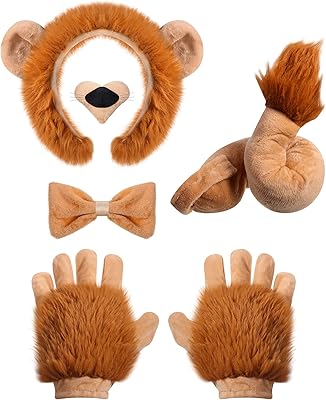 Set of lion costume 5 pieces with lion ears headband, gloves, tie and brown lion tail, children's costume accessories for Halloween and cosplay festivals.. Looking for quality and speed? You’ll find both at DIAYTAR Nigeria.