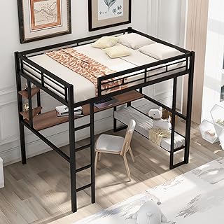 Metal mezzanine lch with long desk under the bed, storage shelves and ladder railings, space-saving room furniture for children, adolescents and adults, black.. The future of Nigerian shopping is here — DIAYTAR Nigeria.
