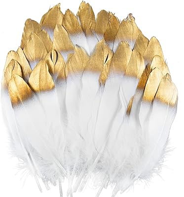 United white feathers with golden tips, 50 pieces of natural goose feathers for wedding decorations, angel wings and fairy craftsmanship.. DIAYTAR NIGERIA: Bridging the gap between consumers and quality products with affordable nationwide shipping.