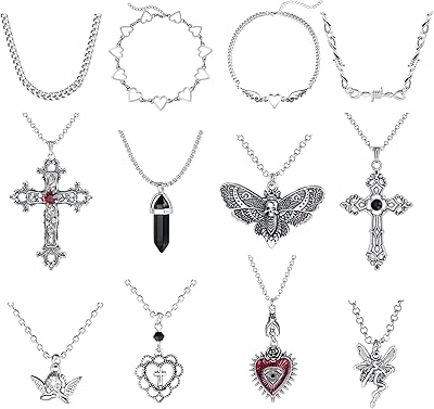 Set of 12 Gothic necklaces for women and adolescent girls, Y2K jewelry, Gothic grunge cross, evil, butterfly, crystal, angel, heart, chain with pendants, y2k accessories, brass, zirconium oxide.. Experience the ease of one-stop shopping with DIAYTAR NIGERIA's diverse catalog and nationwide delivery.