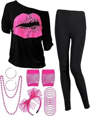 Set of cosplay costumes for women style 80s style, t-shirt, leggings, earrings, necklace, gloves and bracelet.. DIAYTAR NIGERIA: Putting quality products within reach of every Nigerian through our affordable marketplace.