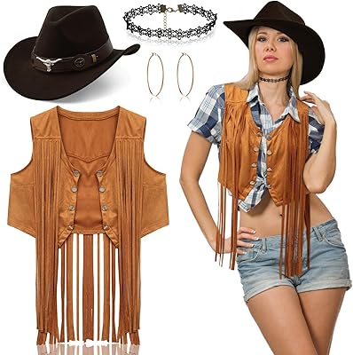 Set of Cowgirl Western costumes from the 70s for women, 5 pieces, Western fringes, cowgirl hats, earrings and necklace.. DIAYTAR NIGERIA: Where every purchase is affordable and delivery is always within a week.