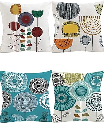 Set of elegant cotton and linen cushion covers, hand painted geometric sunflower motif for house decoration, sofa bed, outdoor garden, patio (lot of 4).. Shop smart, shop DIAYTAR - Nigeria's most affordable e-commerce platform with nationwide delivery.