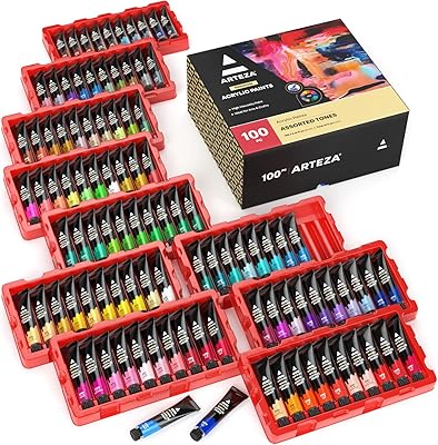 Set of ARTEZA acrylic paint, 100 colors, 12 ml of artisanal paint, very resistant, shiny finish, colorful addition to your artistic supplies.. DIAYTAR Nigeria offers great deals, a huge product variety, and delivery in under a week.