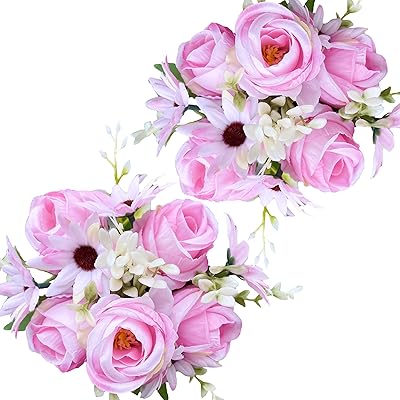 Bouquet of artificial flowers, 2 bouquets of roses with daisies and leaves, flowers in plastic silk fabric for wedding festival decorations, home festival table centers and photo accessories (pink).. Nigeria shops with DIAYTAR — wide selection, fast shipping, and great value.