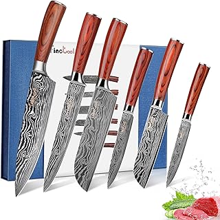 VINTOOL Set of 6 Kitchen Knives - Professional Japanese Chef 7CR17Mov Inxyidable steel knives with high carbon content, solid sequoia sleeve, kitchen tools for vegetables and meat, accessories.. Looking for a deal? DIAYTAR Nigeria has thousands waiting for you.