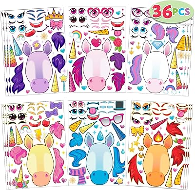 Set of unicorn Make-A-Face stickers with 36 rooms, unicorn fantastic animal stickers with children's party supplies.. DIAYTAR NIGERIA: Where every purchase is affordable and delivery is always within a week.