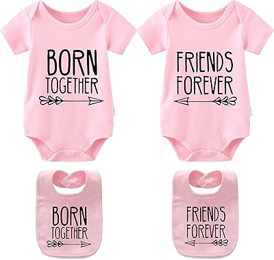 Set of clothing for baby twins printed Best Friends Fover with bib and hat for girls.. Affordable luxury and fast service — only on DIAYTAR Nigeria.