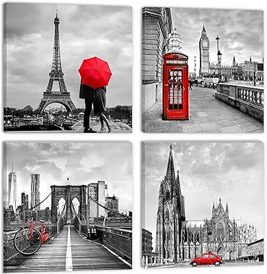 Mural art of the Paris Eiffel Tower, interior decoration, printing on Big Ben canvas, 12x12 inch black and white bathroom decor, 4 rooms, red umbrella and Brooklyn bridge, modern decoration.. Shop with purpose and save with DIAYTAR NIGERIA's extensive platform and nationwide delivery service.