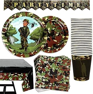 Set of military party/camouflage sets of 82 pieces including a banner, plates, cups, towels and a tablecloth, for 20 people.. DIAYTAR NIGERIA: Making online shopping accessible with affordable prices and nationwide delivery service.