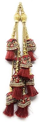 Set of 2 pieces with anhika hanging fringes for blouse and sari lehenga, Indian fringed pattern Latkan fantasy of pale gold, length 8.5 cm.. DIAYTAR NIGERIA: Where quality meets accessibility with affordable prices and prompt shipping.