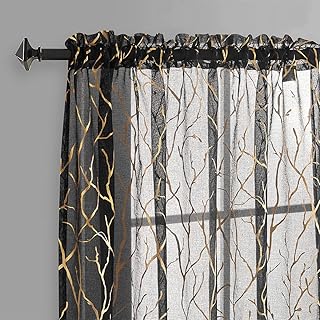 Vincity black and golden transparent curtains 84 "shiny with botanical pattern with cantonnière.. You choose it, we deliver it — DIAYTAR Nigeria makes shopping easy.