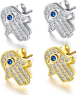 Earrings Imag Eye and Hamsa Hand of Fatima Plated Yellow/White gold, blue white cubic zircon crystal for women teenage girls, metal, cubic zirconia.. Discover endless possibilities with DIAYTAR NIGERIA's comprehensive selection and reliable shipping.