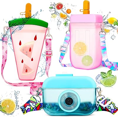 Honey Duck 3 Jolies bottles of water with straw, 300 ml, creative design in the shape of a camera and ice cream in the shape of watermelon and adjustable strap, plastic water bottle for school, girls, children and travel (red, pink, blue).. DIAYTAR NIGERIA: Where quality products become affordable with our nationwide shipping service.