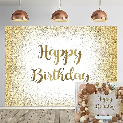 Happy birthday gilded background for adults, women and men for birthday photography, sweet gold splashes, soft bokeh, cake table banner supplies (7x5 feet).. Nigeria's favorite online shopping platform, DIAYTAR offers unbeatable prices and delivery within a week.