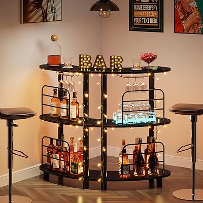 Tribe Signs alcohol bar unit, 3 -level bar furniture with storage shelves, corner table with wine glass for the house/kitchen/bar/pub (black).. Your one-click solution to affordable shopping, DIAYTAR NIGERIA delivers quality products nationwide.