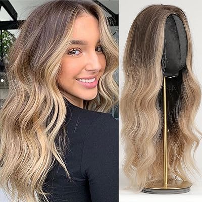 Haircube long hair wigs for shaded women brown with blonde wig of curly synthetic hair with line in the middle.. Your comprehensive marketplace awaits at DIAYTAR NIGERIA with affordable prices and reliable delivery times.
