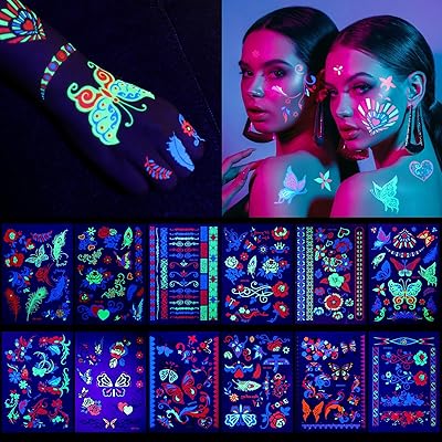 12 temporary tattoos sheets, large phosphorescent tattoo, temporary neon makeup, festival accessory, false face, butterfly tattoo, black UV light, party supplies (butterfly style).. Experience shopping freedom with DIAYTAR NIGERIA's vast catalog and nationwide 5-8 day shipping.
