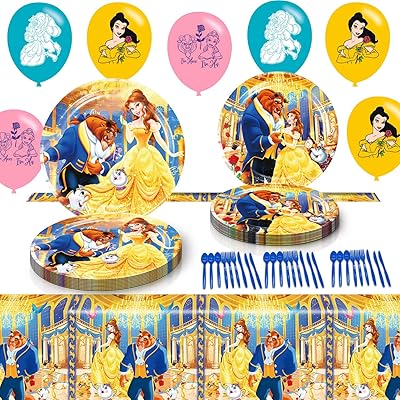 Set of birthday birthday tables Princess Beauty princess and the beast, beautiful princess party tablecloth, dessert plates, balloons, forks, knife and spoon for princess belle.. DIAYTAR NIGERIA connects desires with reality through affordable prices and reliable delivery service.