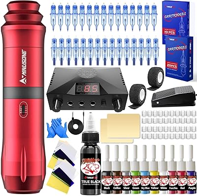 Kit of rotary tattoo pen for beginners with 30 tattoo cartridges, needles and 10 colored tattoo inks, power supply, Red Pro Tattoo Pen.. From household needs to gadgets, DIAYTAR Nigeria has it all.