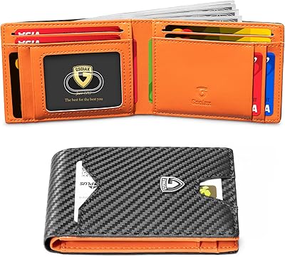Minimalist fine wallet for men, real leather, carbon fiber, RFID blocking, credit card holder with two-shutters in cow leather with gift box, carbon black and orange.. Your go-to destination for affordable online shopping, DIAYTAR NIGERIA delivers in under 8 days.