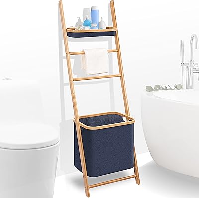 Wooden bathroom towel carrier with storage support and foot cleaner-Inclined wall holder Decorative Coitting Bathroom Support on the floor organizing modern room.. Shop everything from A to Z on DIAYTAR Nigeria — delivered nationwide.