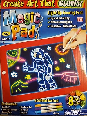 Ontel Magic Pad Deluxe LED drawing tablet with Extrasses - includes 4 double -sided markers, a dry eraser, a glow enhancer, a fun guide, 42 stencils and a transport bag.. Shop across categories at DIAYTAR NIGERIA with the confidence of affordable prices and delivery within 8 days.