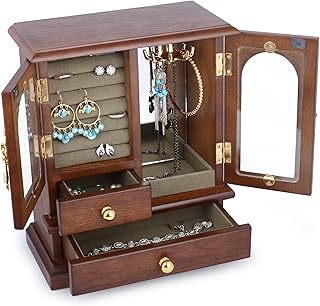 Kendall wooden jewelry box for women, solid jewelry organizer, wooden jewelry box with mirror for necklaces, earrings, rings (2 side doors, brown).. DIAYTAR Nigeria offers great deals, a huge product variety, and delivery in under a week.