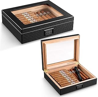 Cigarlounge cigar cellar with digital hygrometer and upper humidifier in carbon glass fiber, wooden cigar box that can contain 15 to 25 cigars for cigar lovers.. DIAYTAR NIGERIA: Where shopping is affordable, selection is vast, and delivery is always reliable.
