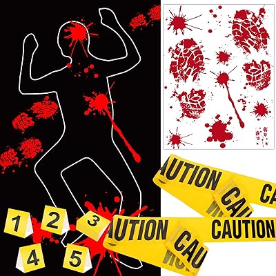 Set of Halloween's crime scene decorations of 8 pieces - 5 evidence brands 1 Sticker of footprint 1 Hulk silhouette 1 yellow warning ribbon 25 "Halloween party supplies.. DIAYTAR NIGERIA: Your partner in affordable e-commerce with dependable delivery across Nigeria.