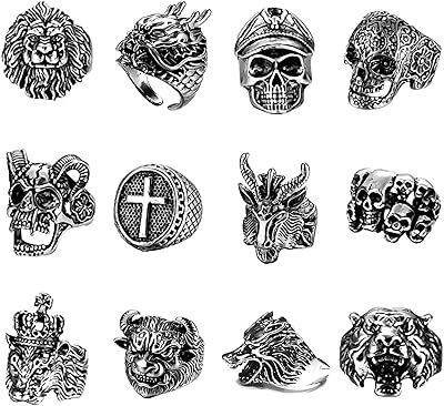 Set of 12 vintage punk rings, Gothic biker rings adjustable in stainless steel, lion head rings, skeleton, skull, tiger, metal, crystal.. No more overpriced stores — DIAYTAR Nigeria brings the best to your door.