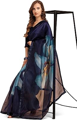 SARI Dress in organza with Womanista floral print for women, navy blue, single size, TI1760 style.. Your go-to destination for affordable online shopping, DIAYTAR NIGERIA delivers in under 8 days.