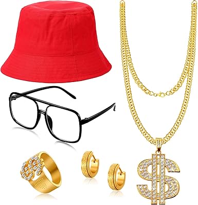 Set of hip hop clothes, hat, sunglasses, dollar sign and earrings chain for hip hop costume, set of 5, red, 12.. With DIAYTAR Nigeria, your wishlist becomes reality, fast.
